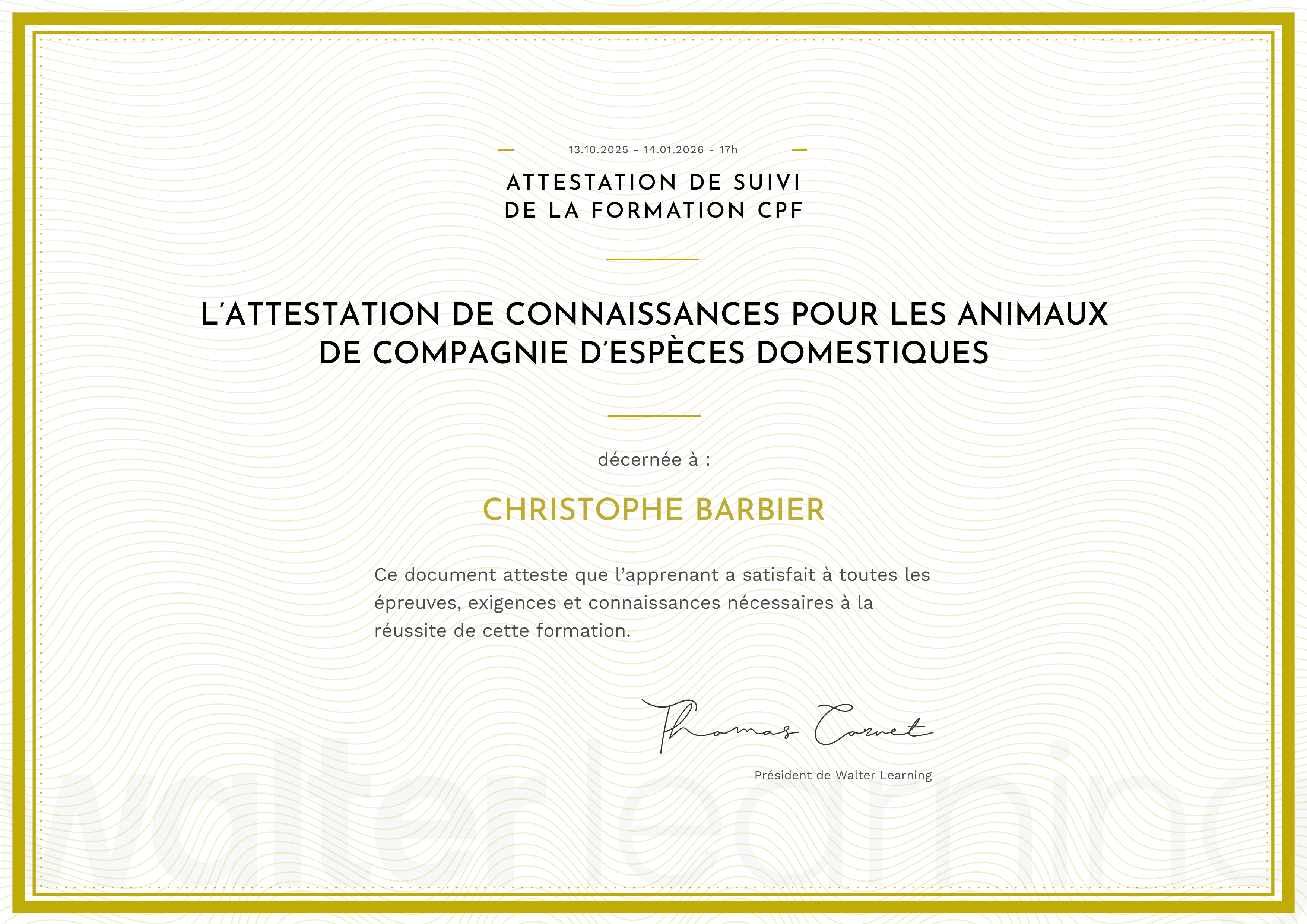 Diplôme officiel de l'acaced, éducateur canin